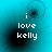 Pixelated cyan background with black circular gradients and white text reading 'i love kelly' in four quadrants.