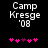 Pixelated text 'Camp Kresge '08' above five pink and purple heart icons on black background, with animation changing heart colors.