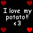 Pixelated icon with repeated text "I love my potato!!" and heart symbols on black background, featuring red hearts and white text in a