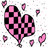 Pixelated static icon featuring a large pink and black checkered heart surrounded by smaller solid pink hearts on a white background with gray pixelation.