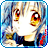 Pixelated static image of a character with blonde hair and large expressive eyes, wearing dark clothing with red accents against a blue background.