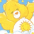 Yellow Care Bear with closed eyes and orange heart on chest, wearing white shirt with yellow sun symbol, against blue sky with white clouds and yellow stars.