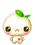 Pixel art character with white rounded body, green leaf sprouts, brown eyes, pink cheeks, and red heart on chest, shown in multiple expressions.