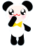 Pixelated panda with black ears, arms, and legs; white face and body; yellow bow tie; red mouth line; pink cheeks; one hand covering its mouth.