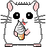 Pixelated white hamster with pink ears and feet holds a swirled ice cream cone, tongue out in one frame, mouth closed in another.