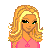 Pixelated cartoon woman with blonde hair and green eyes in pink top, next to pink text 'I luv you like A fat kid luv cake' on white background.