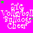 A static image with a bright pink background displays repeated white text reading 'SIG Volleyball Bulldogs Cheer' in a pixelated style, with green and purple stars scattered throughout.