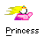 Pixel art of a character with yellow hair, white face, pink dress, and purple cape under the text 'Princess' on gray background.