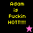 Yellow pixelated text "Adam is Fuckin HOTT!!!" on black and purple backgrounds with a pink star icon.