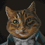 Pixelated cat face with green eyes, brown and black fur pattern, wearing blue shoulder straps over a gray garment against dark background.