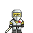 Pixel art character in silver and gold armor with a red chest emblem, holding a light-colored sword against a gray background.