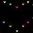 Multiple small pixelated heart-shaped icons in various colors scattered across a black background.