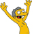 Yellow cartoon character with gray hair, arms raised high in a celebratory pose against white background.