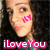 Pixelated close-up of a person with dark hair and pink cheek markings, wearing a green garment under pink text reading 'iLoveYou' on black background.