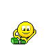 Yellow cartoon face with white eyes and red mouth holding green stack of money, animated to toss multiple green rectangular objects while changing arm positions.