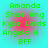 Four identical pixelated text on cyan background with green lettering and red central blur, each listing names Amanda Shae Ang Kylie Linds Angela H BFF