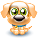 Animated cartoon puppy with green eyes, brown fur, and blue collar showing multiple facial expressions including smiling, neutral, and crying.
