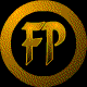 Golden circular frame with black background contains stylized 'FP' letters in metallic gold gradient, arranged in three of three icons with one missing in bottom-right corner