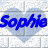 Static 48x48 pixel buddy icon featuring blue text "Sophie" over a light gray heart shape on a white grid background.