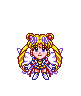 Pixel art character with blonde pigtails and white wings in multiple poses including standing, floating, and casting pink energy effects.