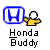 Blue Honda logo with white outline, yellow cartoon figure holding a white ball, and pixelated text reading 'Honda Buddy' on gray background.