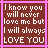 A 3x3 contact sheet of nine animated frames showing pixelated text on a brown background with pink borders, each frame displaying the phrase "I know you will never love me but I will always LOVE YOU" with varying letter coloring in "LOVE YOU".