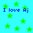 Blue background with green stars and repeated blue text 'I love Aj' in four positions.