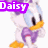 Animated pixel art of a duck character with light blue face, white body, orange beak and feet, purple bow tie, and purple hair bow; text 'Daisy' appears in different positions across frames.