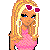 Pixel art contact sheet showing multiple frames of a cartoon character with blonde hair and pink accessories, including full-body views and close-ups of legs in white pants with pink stripes.