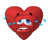 Red heart-shaped character with blue eyes, black eyebrows, and white teeth displays varying expressions across while emitting small blue droplets