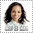 Pixelated portrait of a smiling person with long dark hair wearing a light-colored top, with text below the image.
