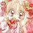 Pixelated static image of a character's face with large eyes and red lips, surrounded by pink and green floral elements on a light background.