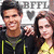 Two people pose together with arms around each other, wearing dark jackets and yellow shirts against a background with 'BFFL' text and heart symbols.