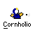 A static contact sheet of two identical pixel art buddy icons featuring a blue character with yellow accents and white eyes, displayed above the name "Cornholio" on a gray background with promotional text for badassbuddy.com.