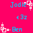 Pixelated text and symbols on a bright pink background with blue and white elements arranged in repeating patterns.