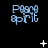 Pixelated blue text 'Peace April' on black background with animated white star and dot effects.