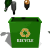 Green recycling bin with yellow recycling symbol and 'RECYCLE' text, surrounded by floating bottles and tools in various positions.