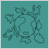 Pixelated teal background with abstract dark teal line art forming interconnected loops and curved shapes.