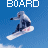 Animated sequence of a snowboarder in mid-air against blue sky, with 'BOARD' text above and white heart symbols appearing sequentially.