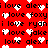 Red background with repeating black text phrases 'i love' followed by names and white pixelated hearts scattered throughout.
