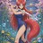 Pixelated image of a figure with red hair, blue top, and red lower garment against a multicolored background.