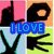 A pixelated of four showing a black silhouette with blue text overlays and changing background colors