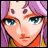 Pixelated anime-style character with purple hair and blue eyes, next to stylized text on a black background.