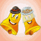 Two yellow-orange cartoon bell characters with smiling faces, one wearing a dark gray hat and the other holding a light blue container of brown contents against a peach gradient background.