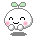 Pixelated white character with green sprout-like ears, pink cheeks, and four small feet on gray background; two expressions shown.