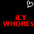 A black background displays a white pixelated heart symbol above red text reading "iLY WHORES" in two identical horizontal sections.