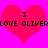 Two red hearts on a bright pink background with black text reading "I LOVE OLIVER" in pixelated font.