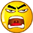 Yellow circular face with angry expression, mouth open showing teeth and tongue, black eyebrows furrowed in anger.