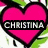 A pink heart-shaped icon with a black outline and green leafy background, displaying the text 'CHRISTINA' on one frame.