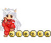 Pixelated anime character with white hair and red outfit holding a finger to lips, surrounded by yellow hexagonal with black symbols